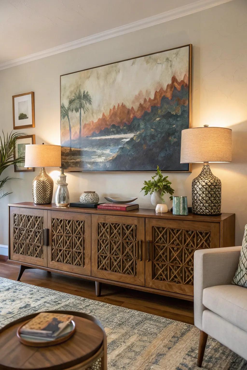 A display cabinet highlighted by a statement abstract painting.