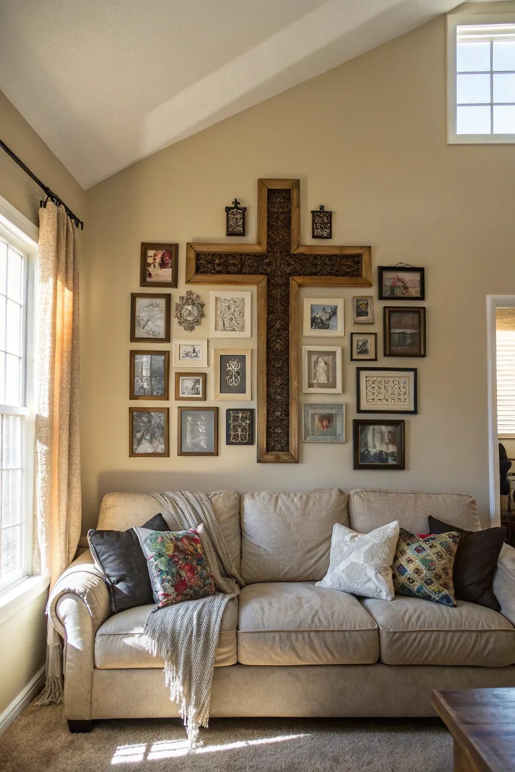 A living room showcasing a stunning assemblage of crucifixes placed strategically above the sofa.