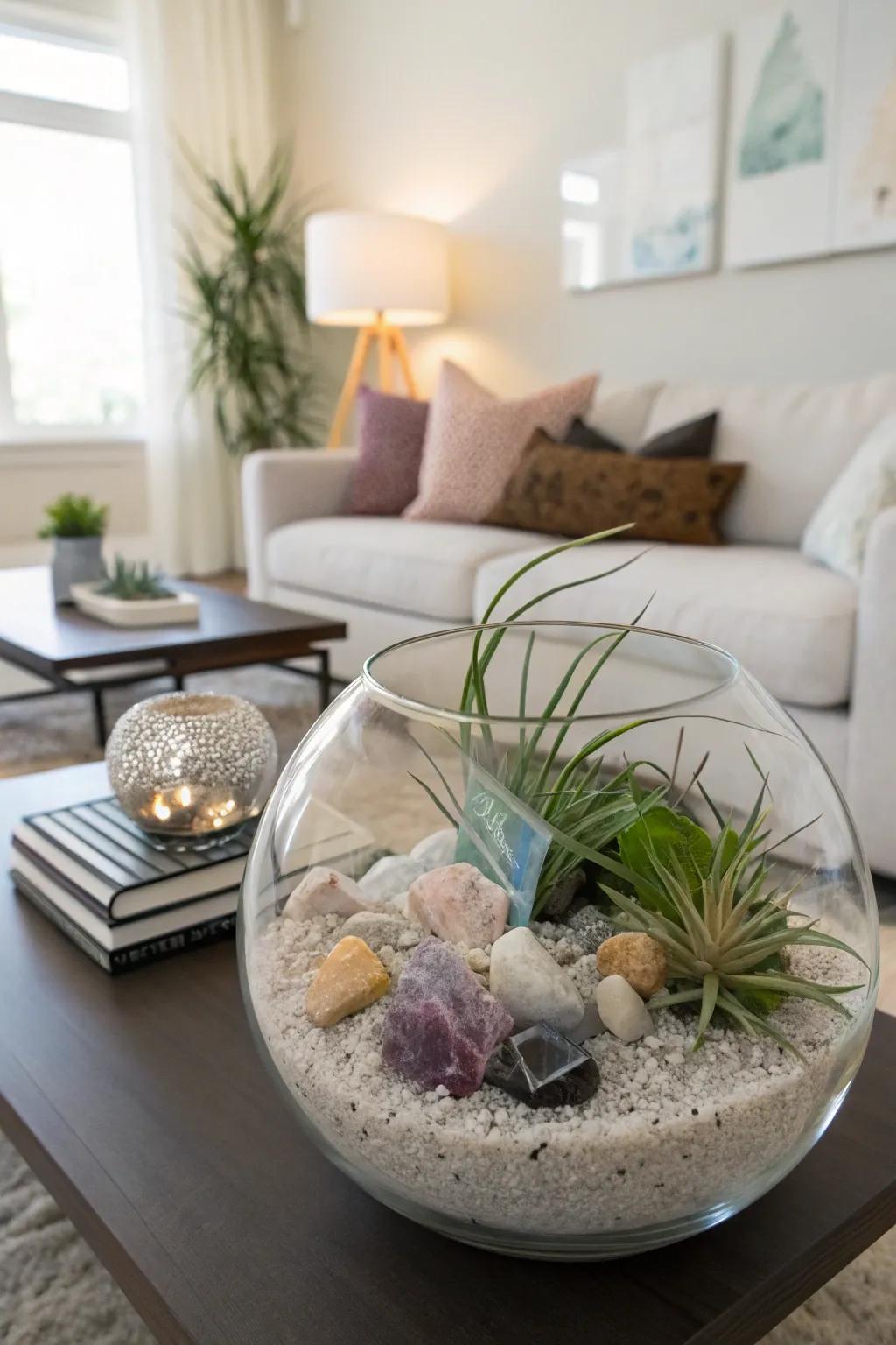 A see-through greenhouse displaying gems and air flora on a coffee table.
