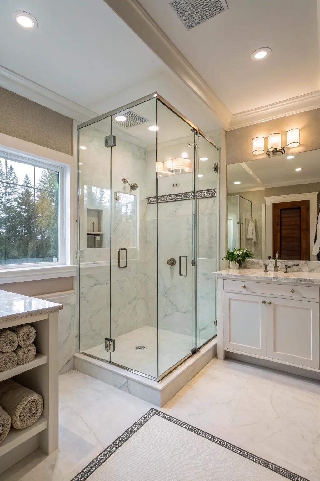 Glass doors enhance the streamlined look of refined marble alternative showers.