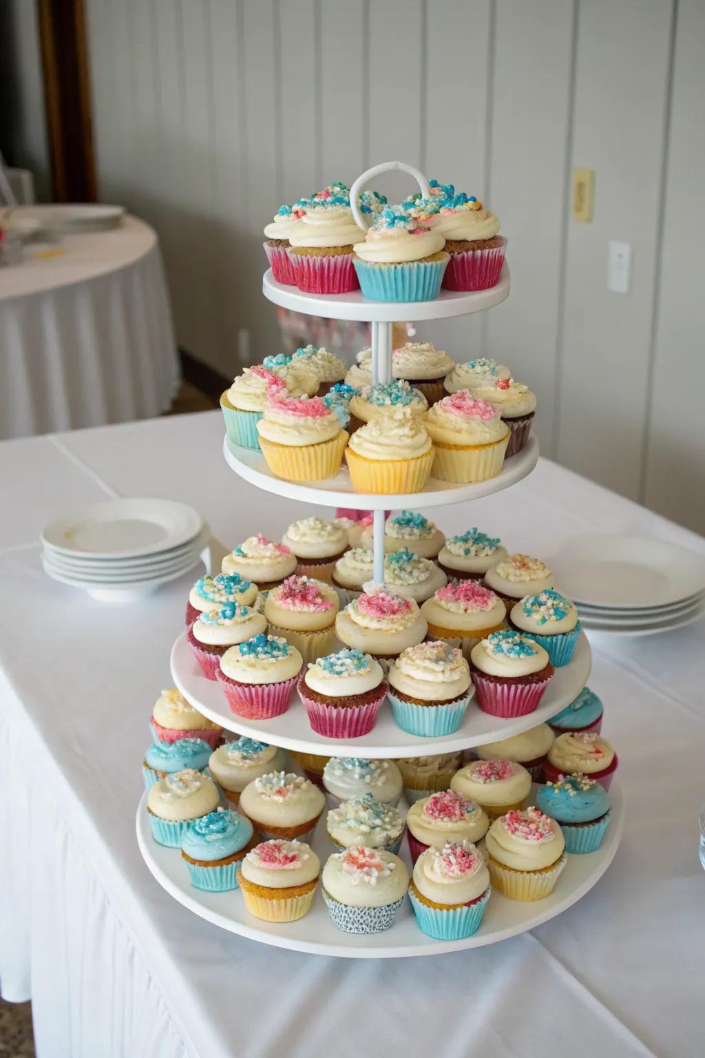 A tiered stand shows off cupcakes at different heights for a visually pleasing arrangement.