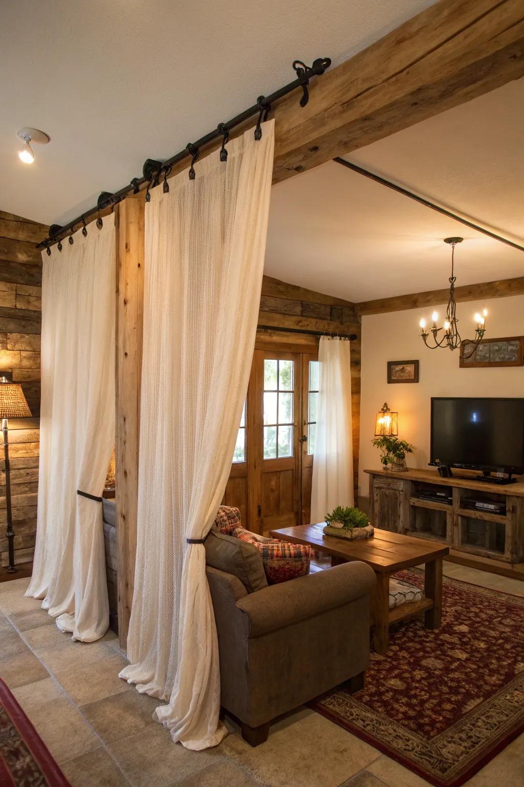 A delightful DIY curtain rod crafted from salvaged timber adds a rustic element.