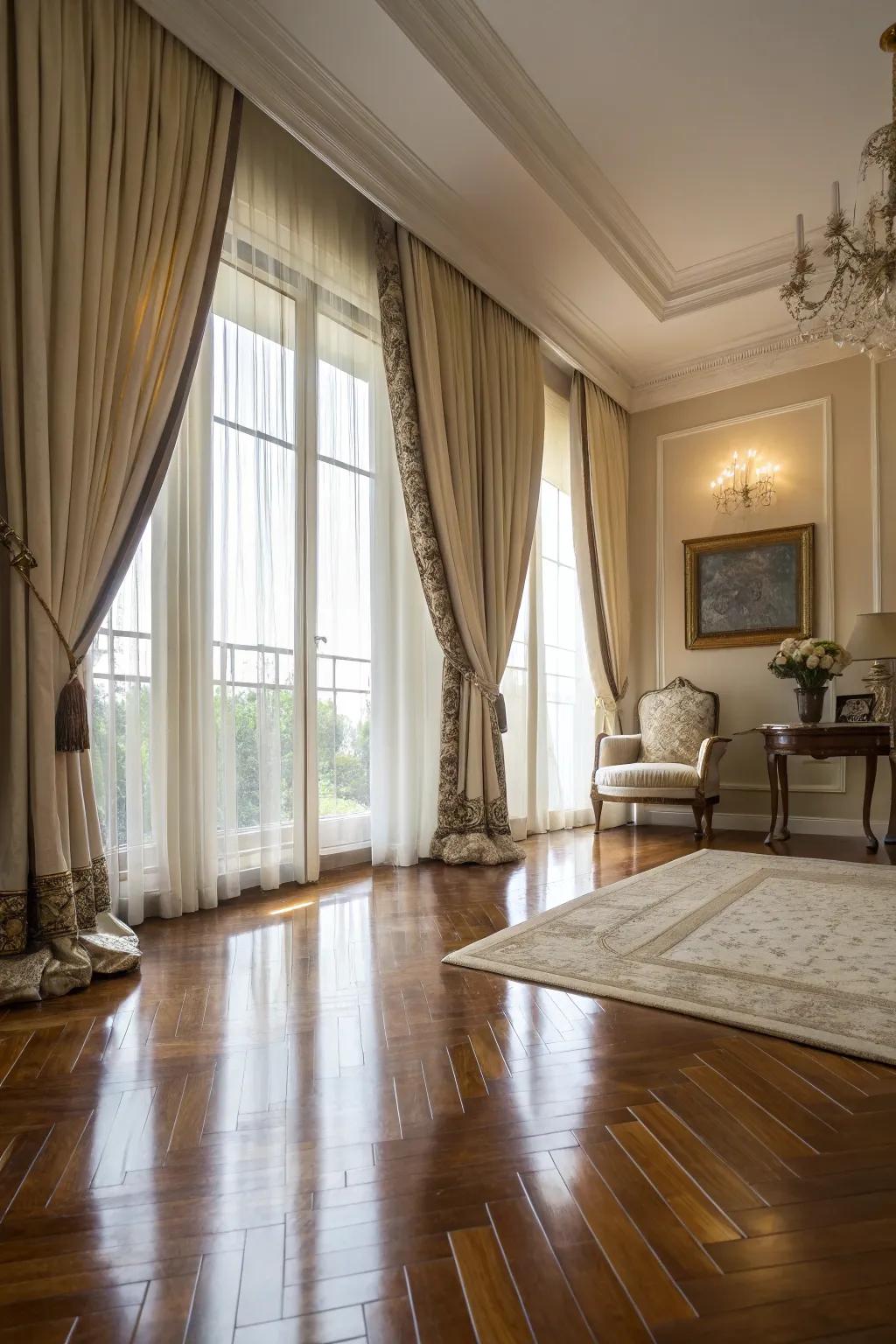 Long curtains bring a sophisticated vibe to any lounge.