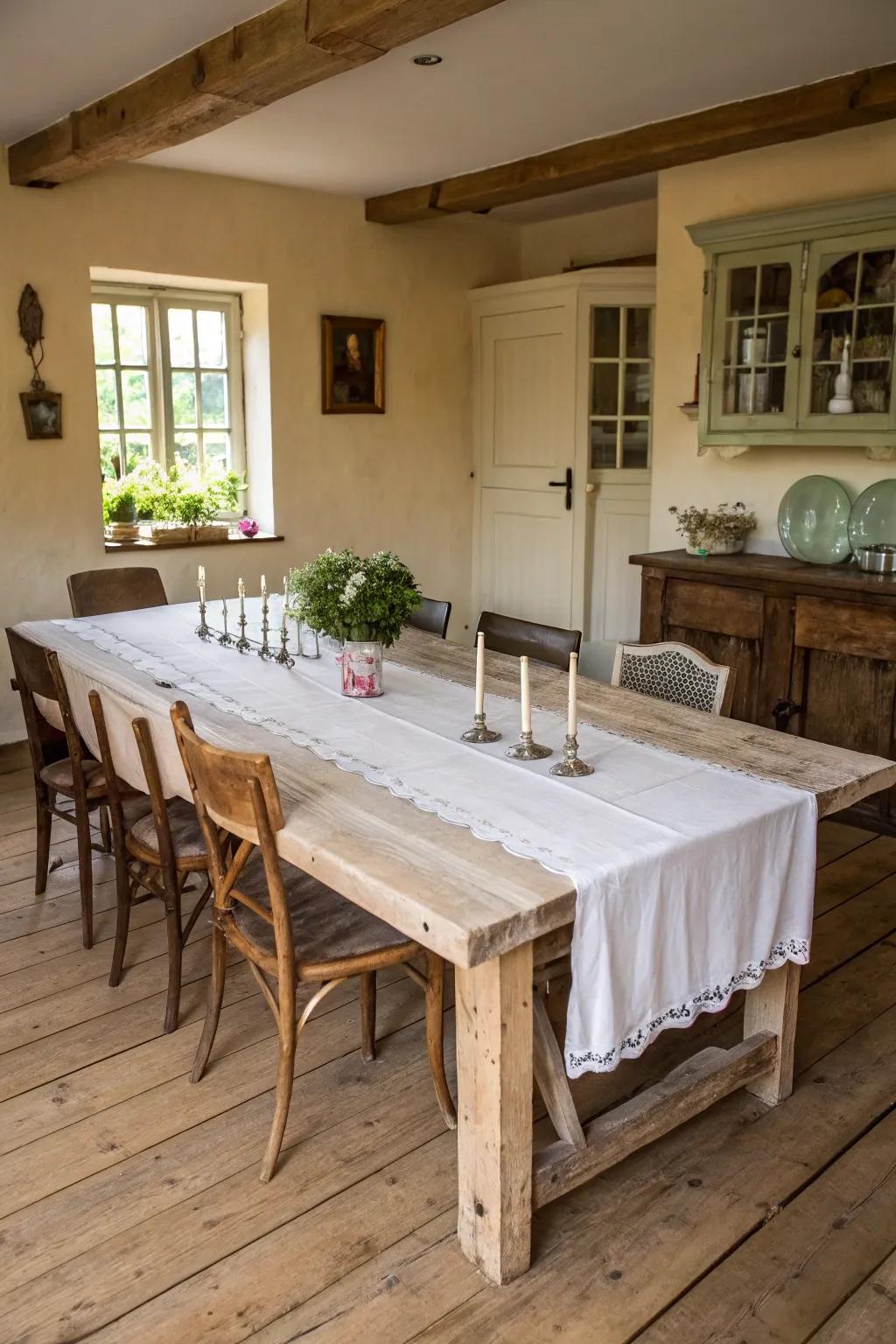 Recycled wood dinner table, adding warmth and charm to the dining room