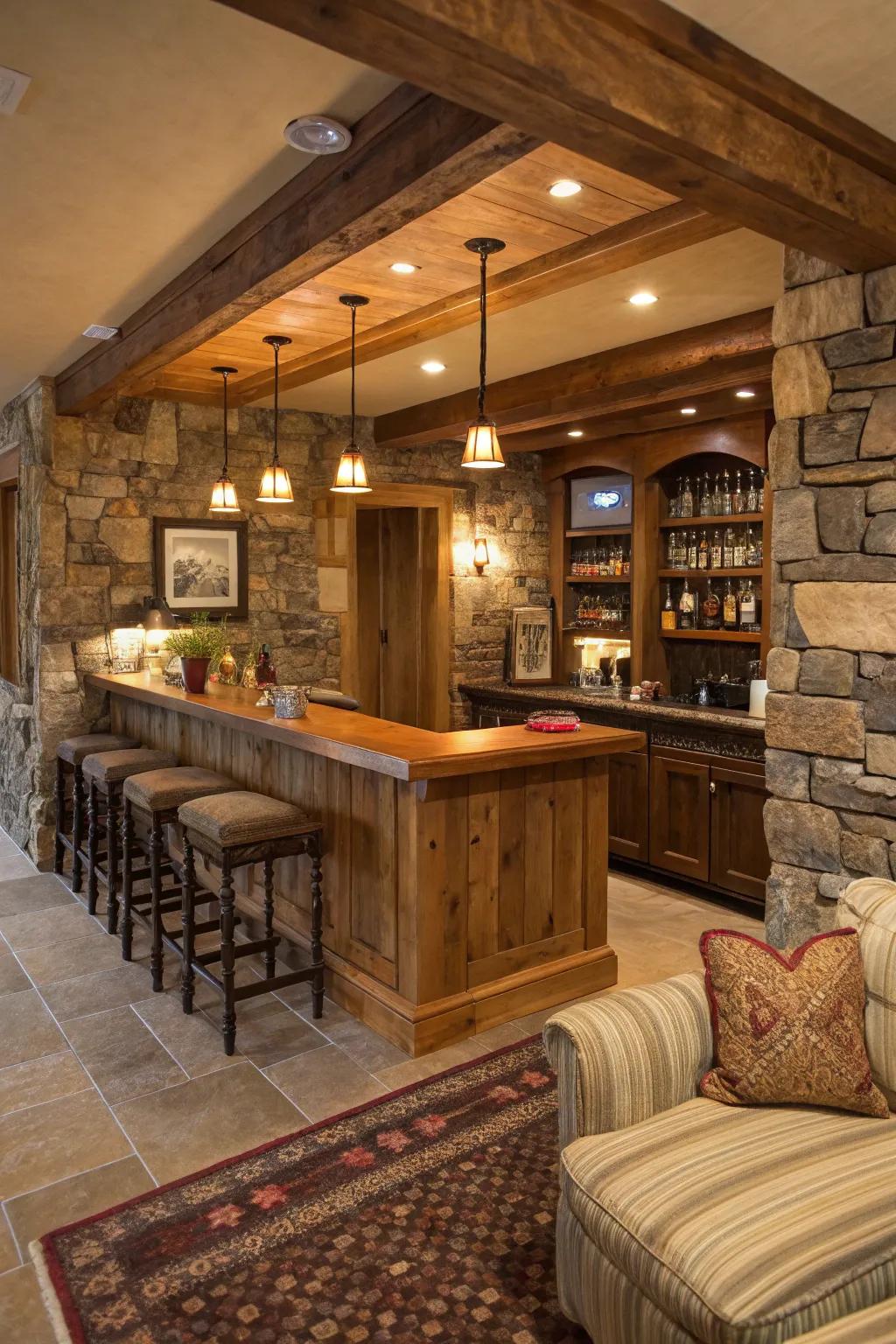 A countryside home bar showcasing wooden and stone components for a comforting ambiance.