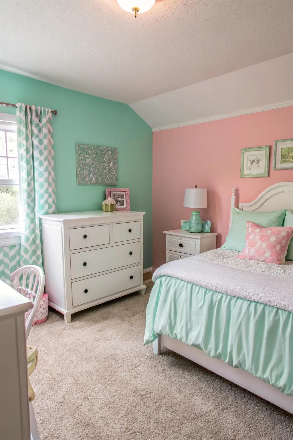 Bedroom adorned with soothing pastel pinks and greens.