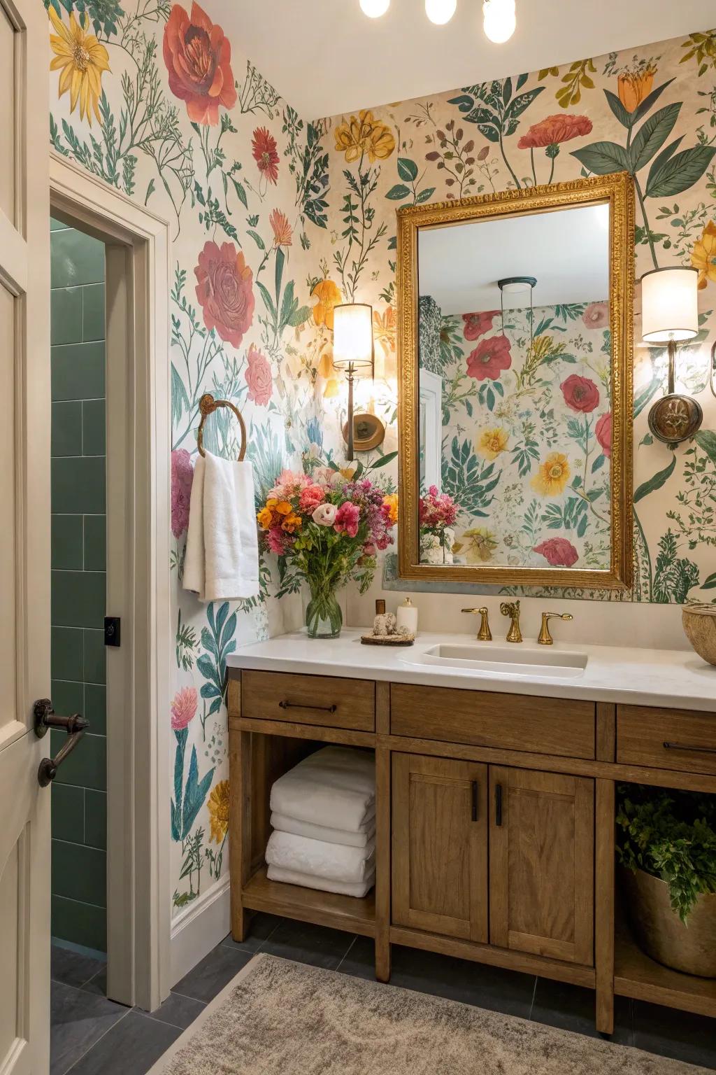 Botanical wallpaper introduces a hint of the natural world and refined beauty to any restroom.