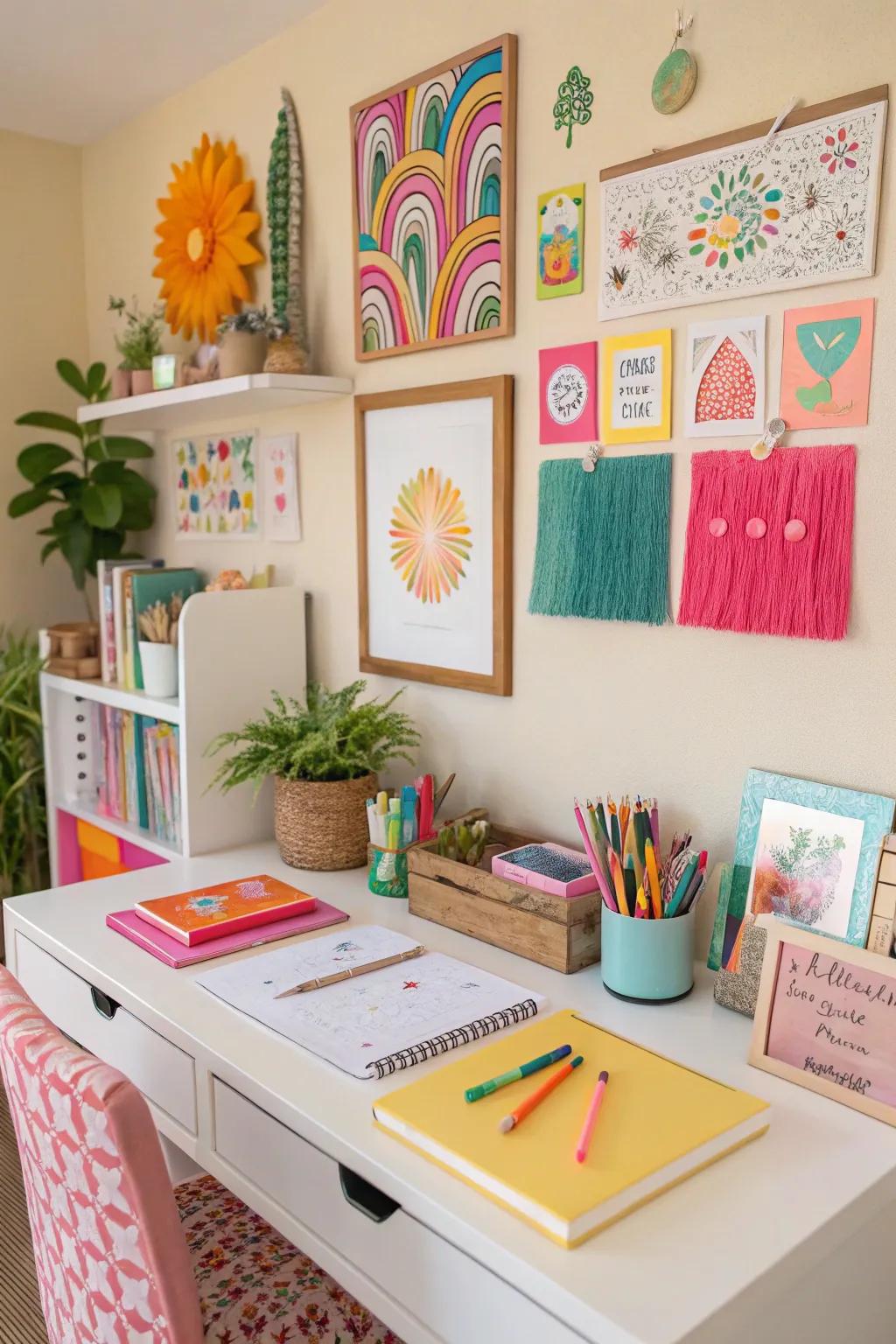 A desk featuring vibrant accessories and wall decor, creating an energetic atmosphere.