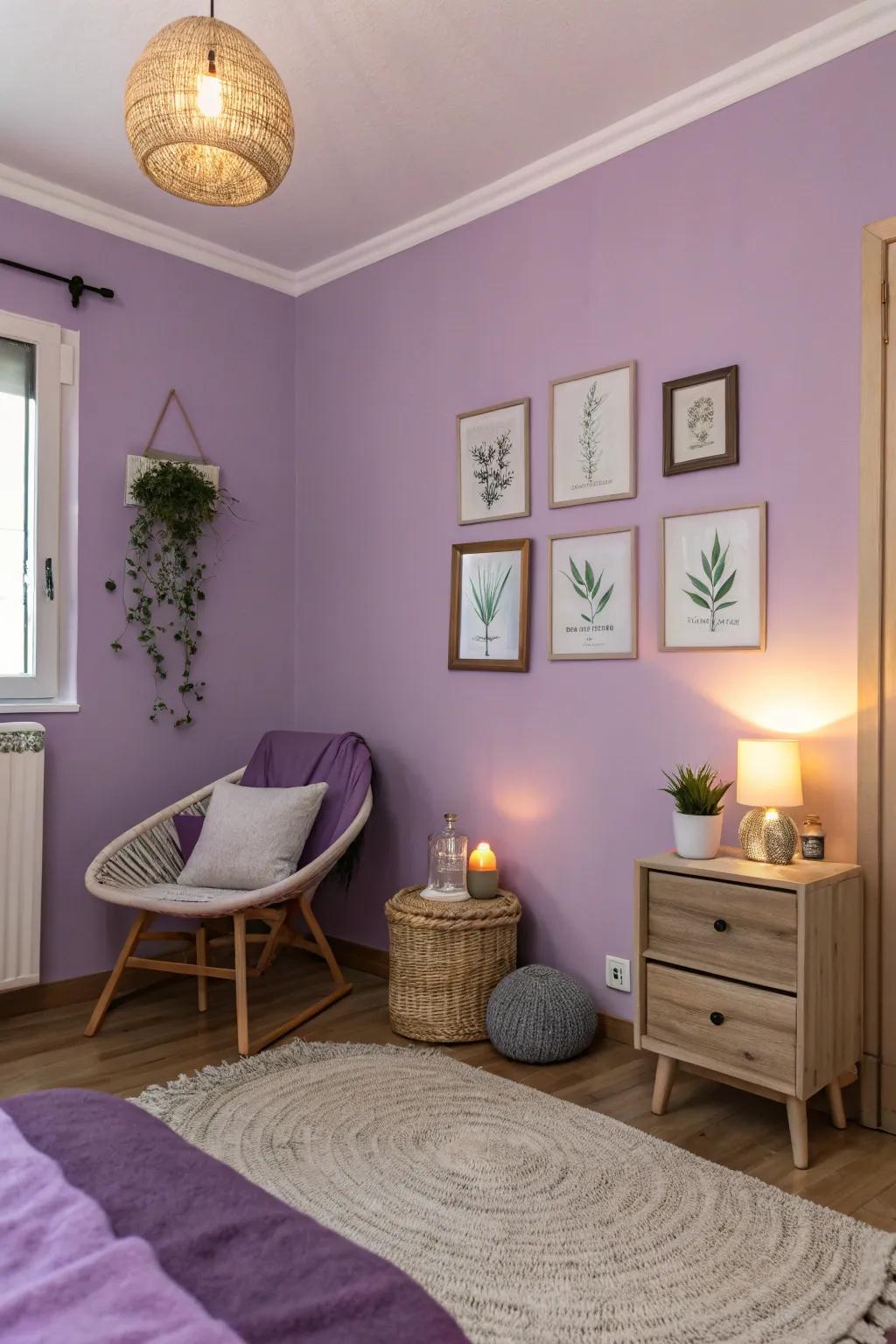Lavender walls establishing a peaceful and calm atmosphere.