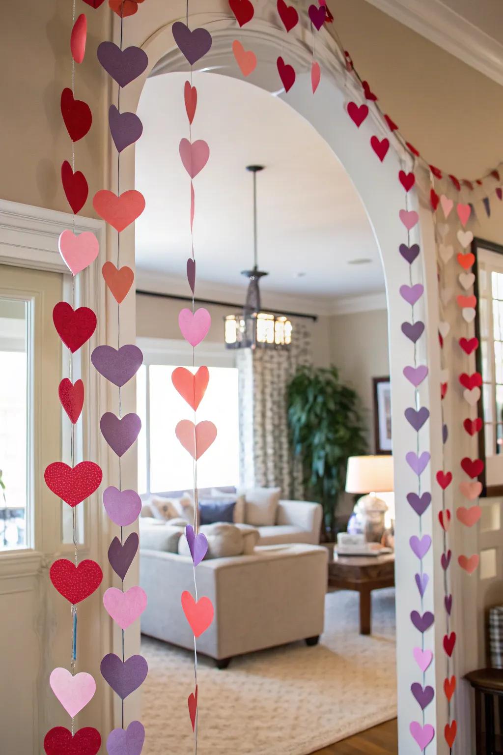 A lively paper heart festoon contributing charm to an adorned entryway.