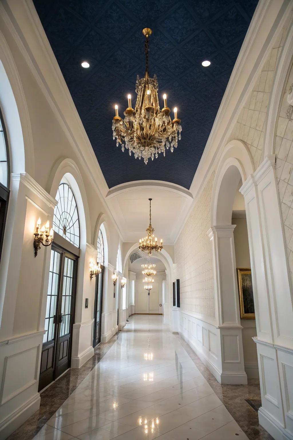 A sophisticated entryway featuring a striking navy overhead.