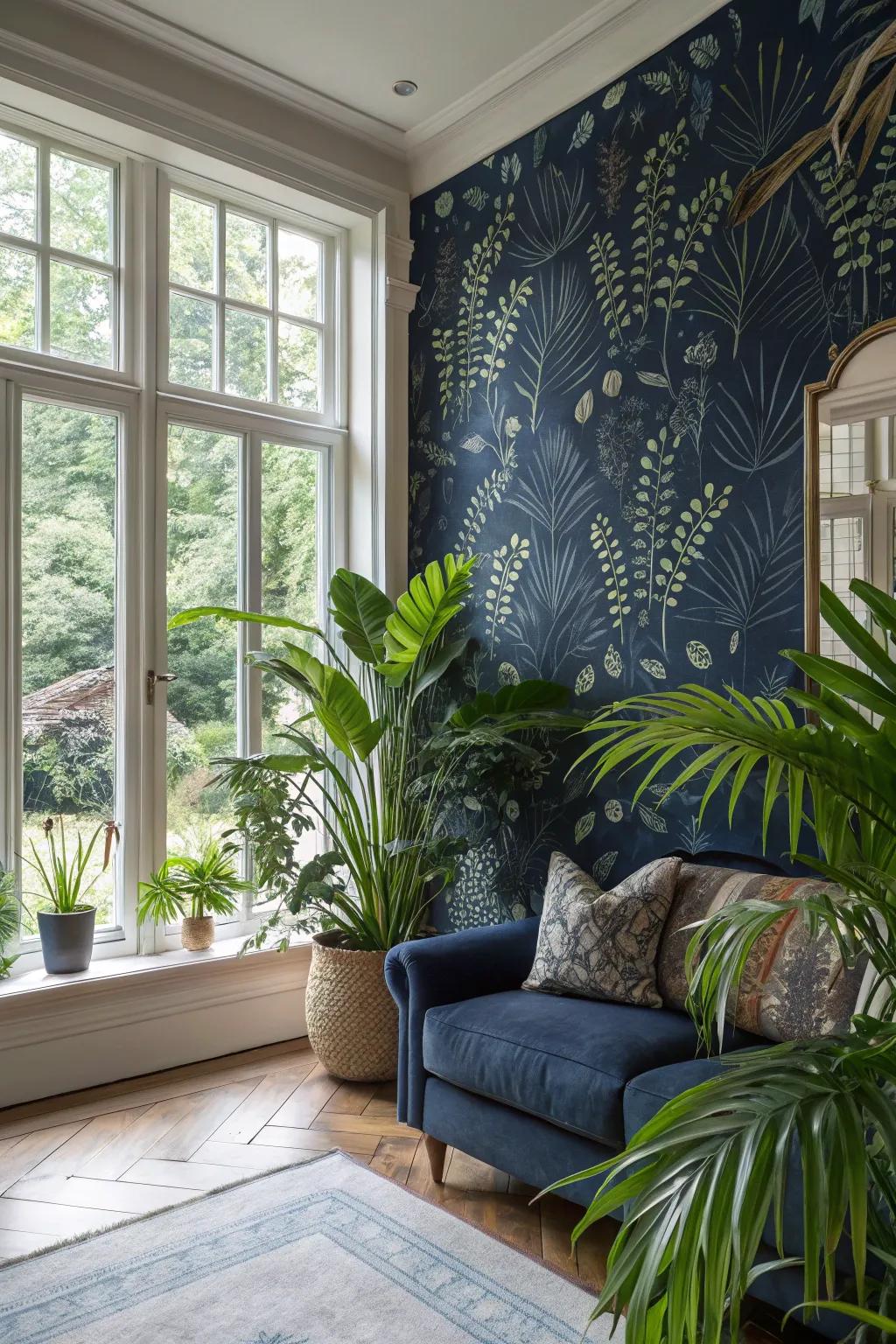 Welcome the beauty of nature indoors through botanical navy wallpaper.