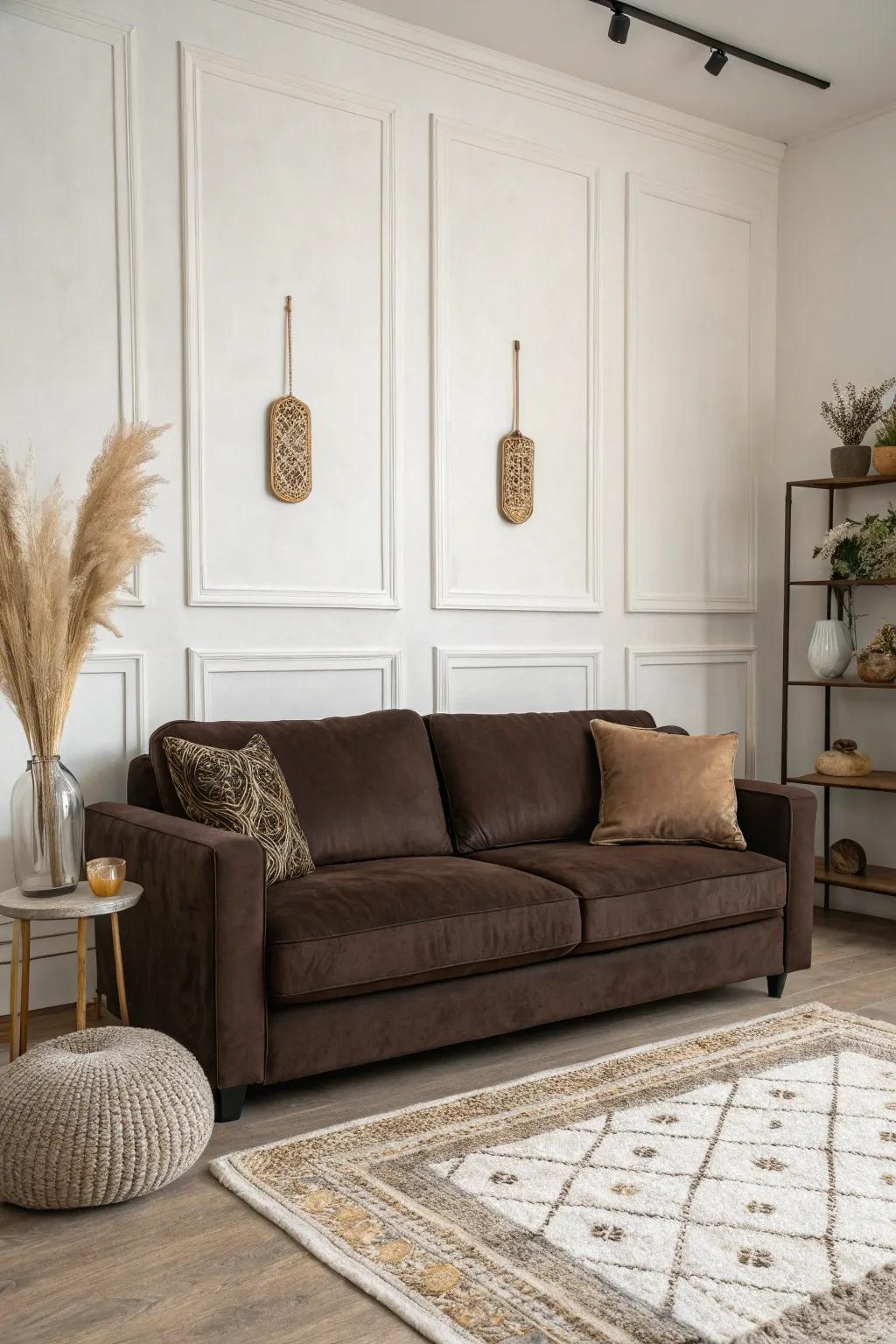 Neutral hues ensure your deep chocolate couch remains the focal point.