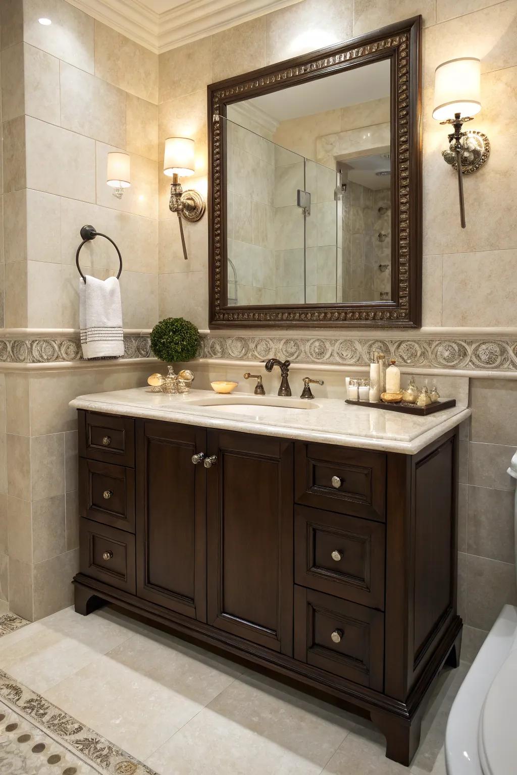 A timeless pairing of deep cocoa dressing table with a light marble surface.
