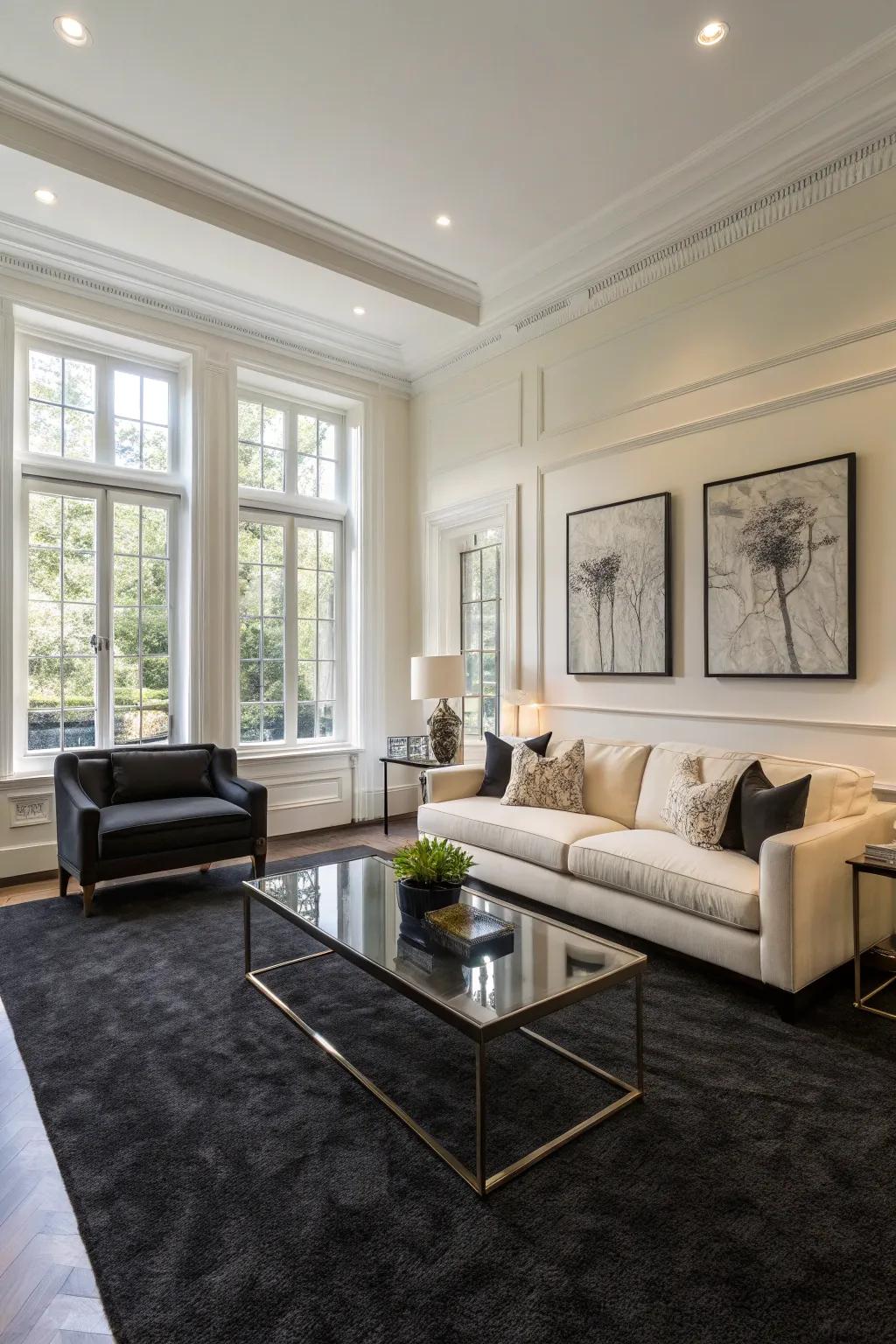 An eye-catching comparison between shadowy floor coverings and light walls.