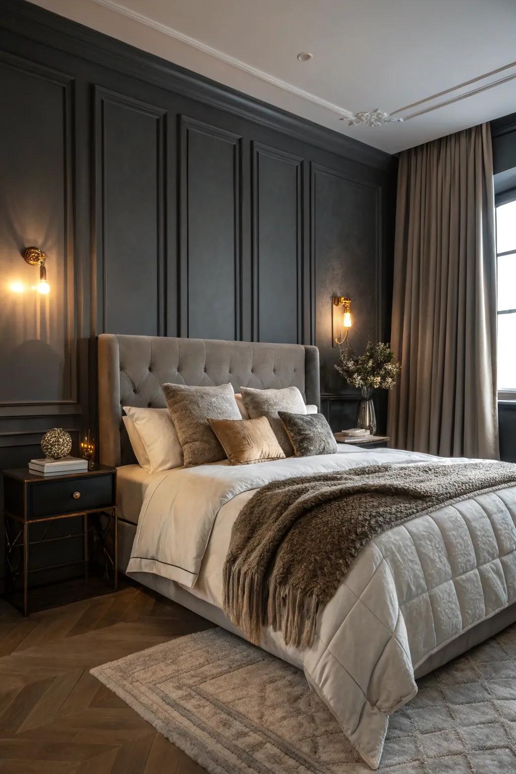 A deep charcoal bedroom conceived for unwinding and ease.
