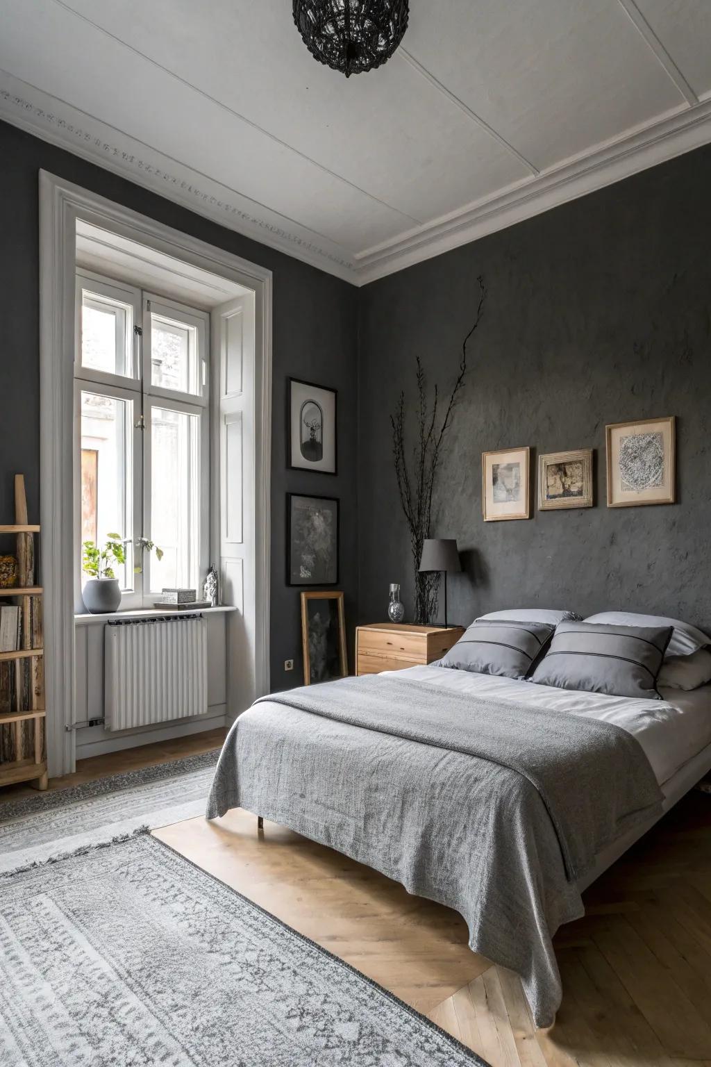 A bedroom featuring slate-colored walls and gentle gray touches for an atmospheric yet well-proportioned aesthetic.