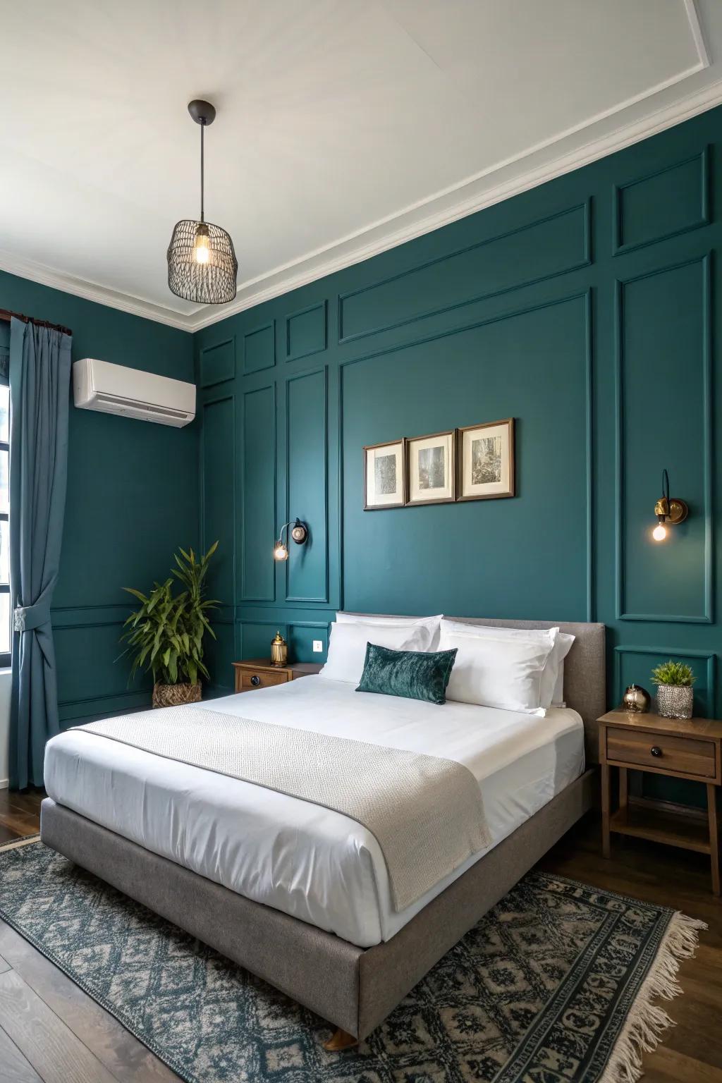 A deep teal emphasized wall establishes a captivating point of interest.
