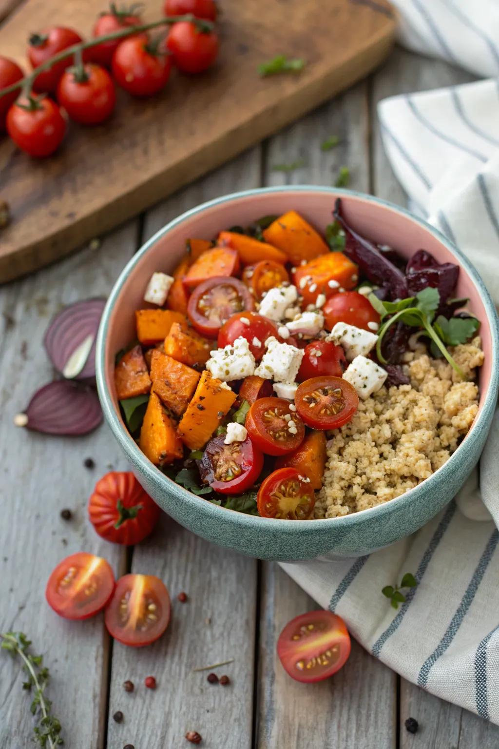 A vibrant rainbow grain bowl, ideal for a wholesome lunch.