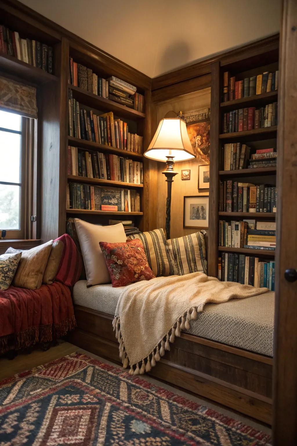A comforting reading corner showcasing a daybed, the ideal getaway with a fascinating book.