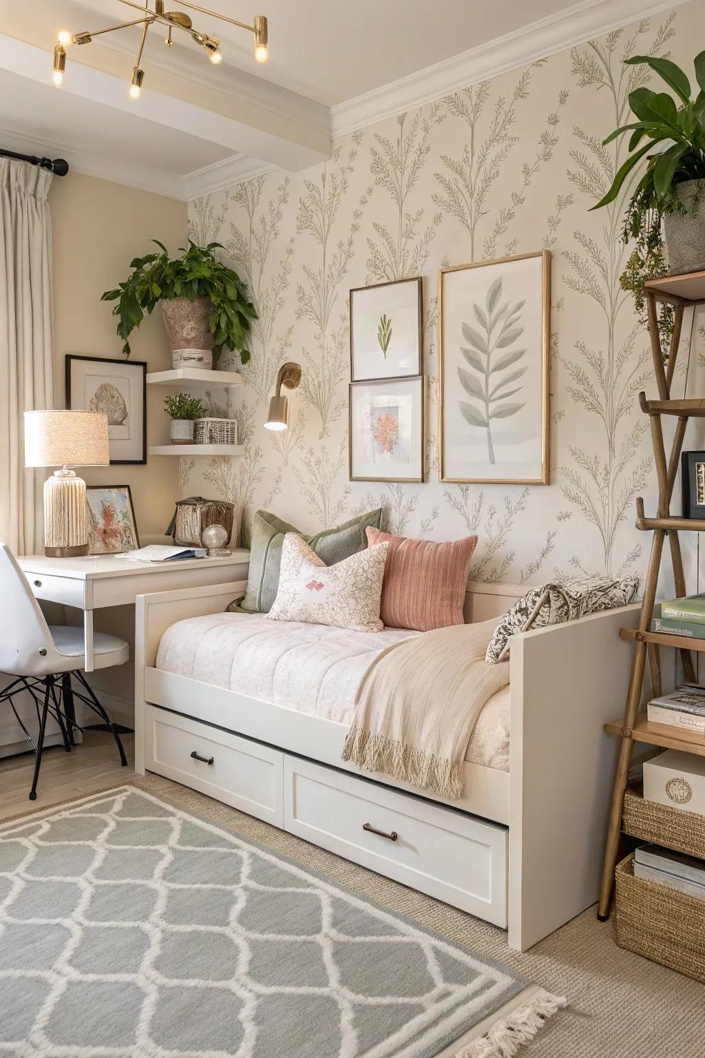 A versatile daybed equipped with a trundle enhances sleeping space with added style.