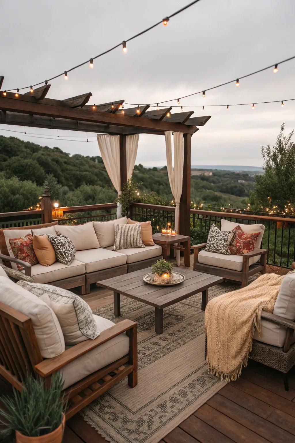 A comfortable lounge setup creates an inviting space ideal for intimate gatherings.