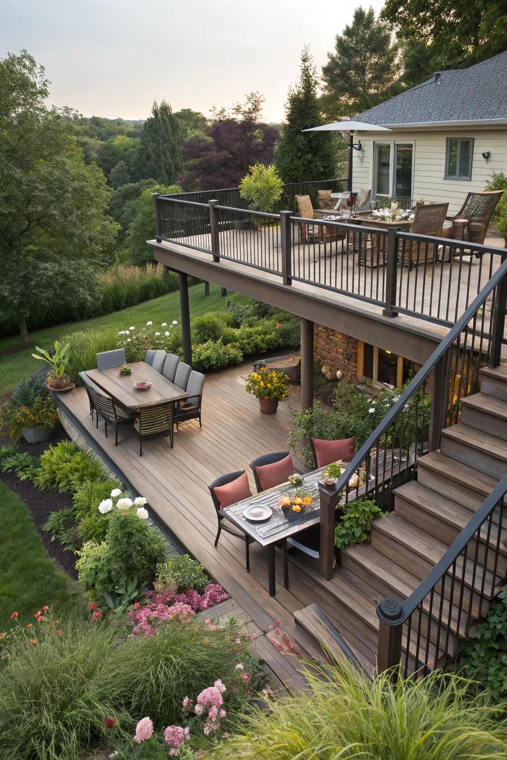 A split-level deck that smartly divides into dedicated activity zones.