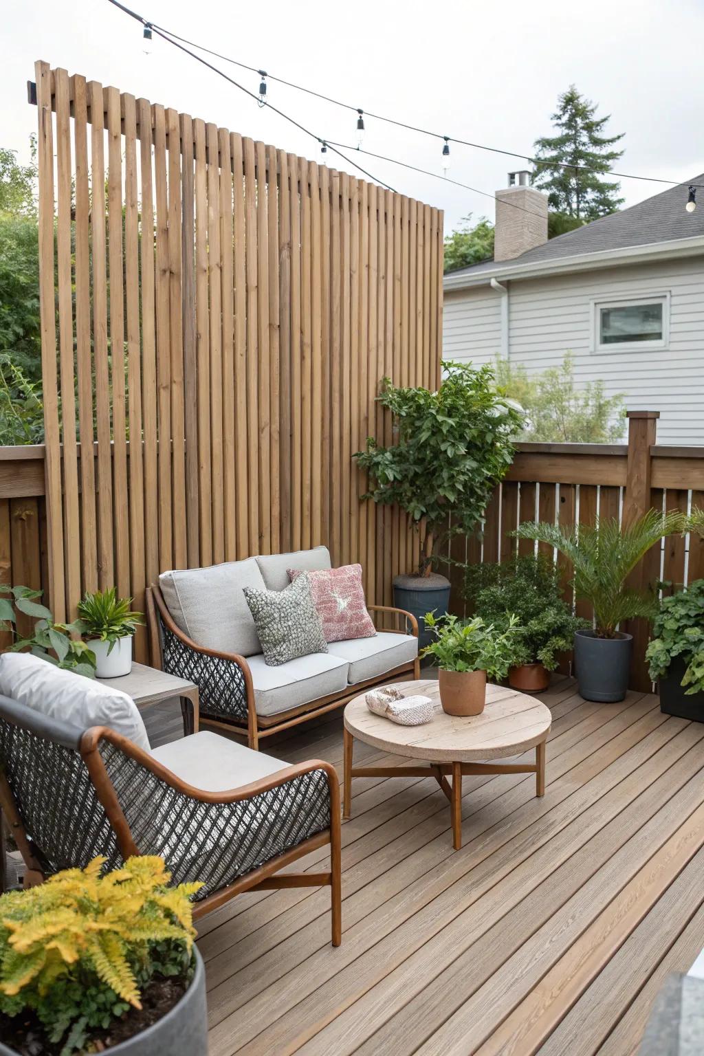 A stylish deck featuring a vertical wooden slat privacy wall.