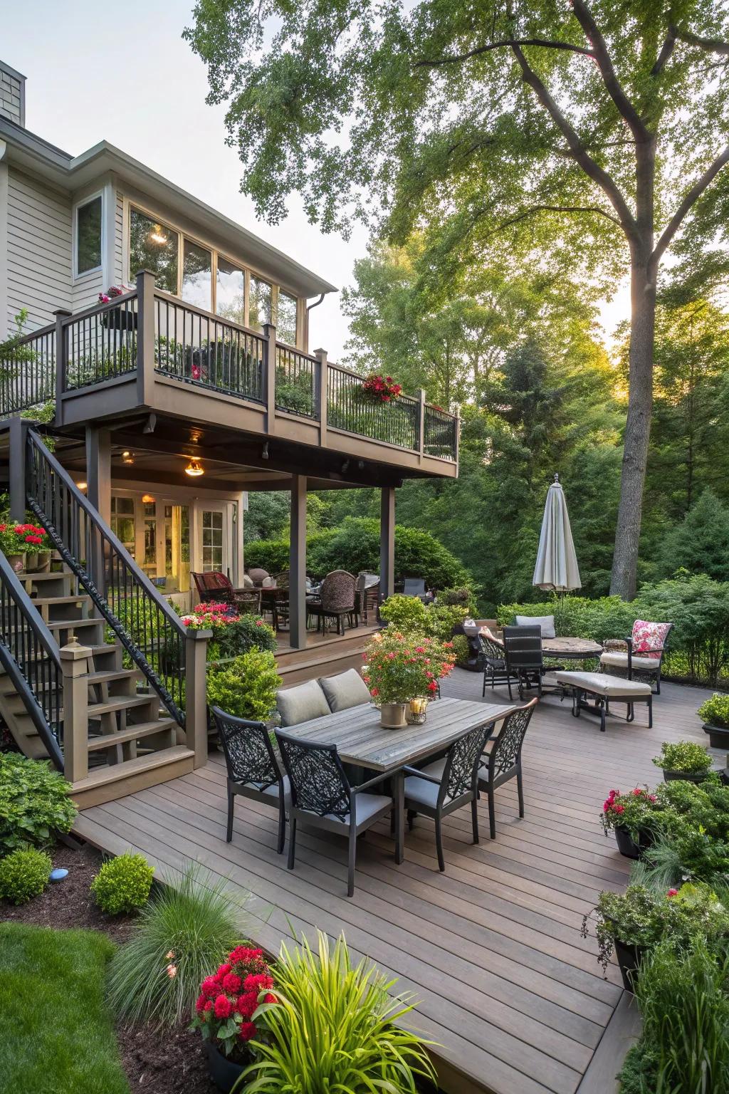 Tiered decks create distinct zones for a dynamic outdoor experience.