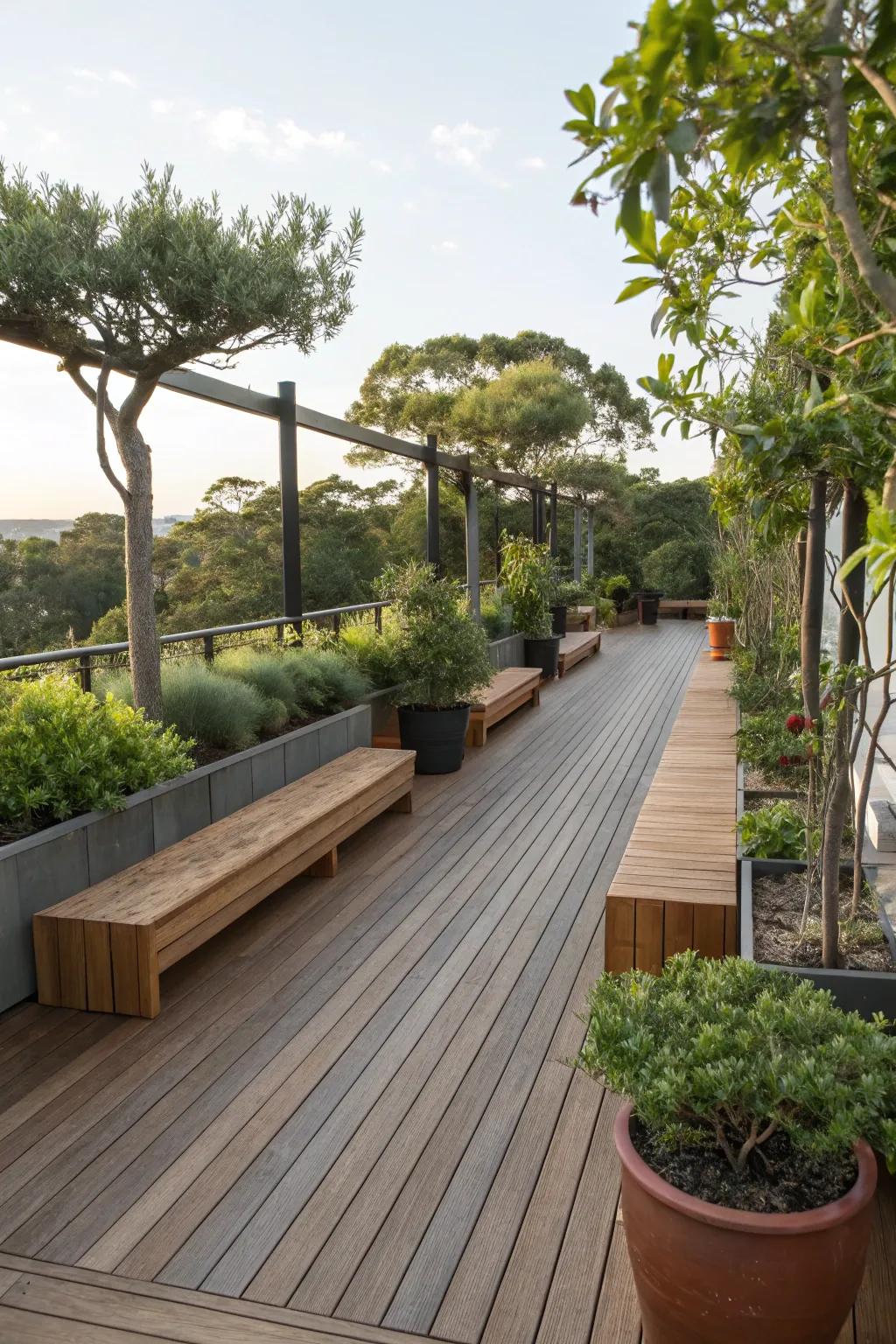 Integrated timber benches that harmonize beautifully with the deck.