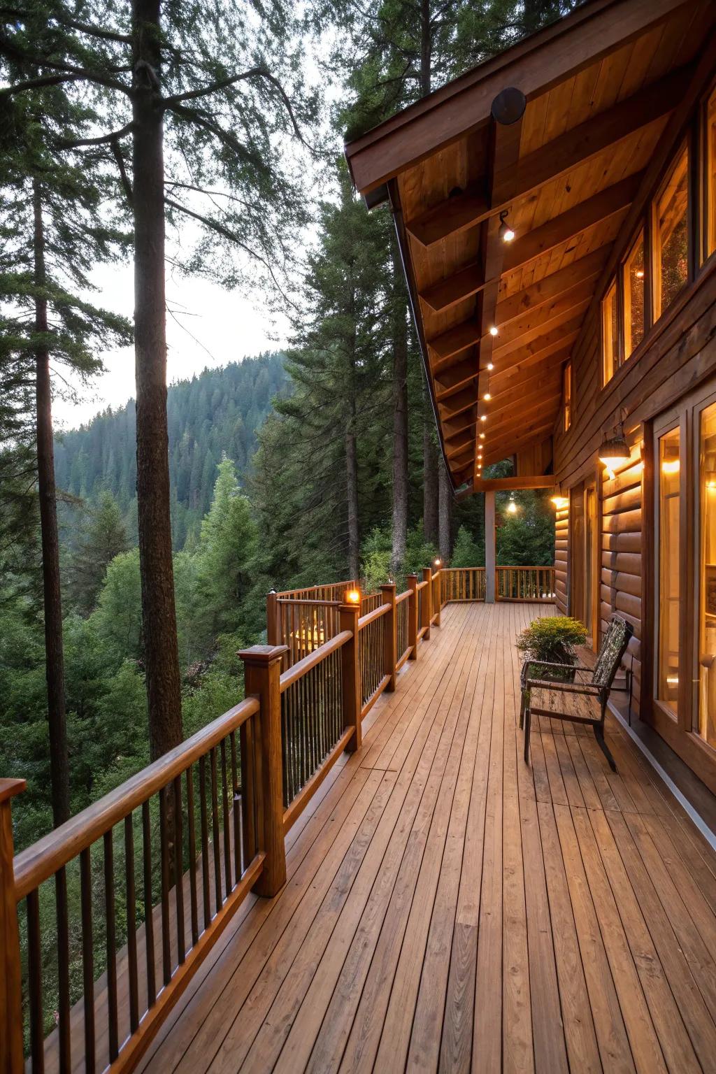 A rustic deck showcasing traditional timber balustrades, set within a peaceful forest setting.