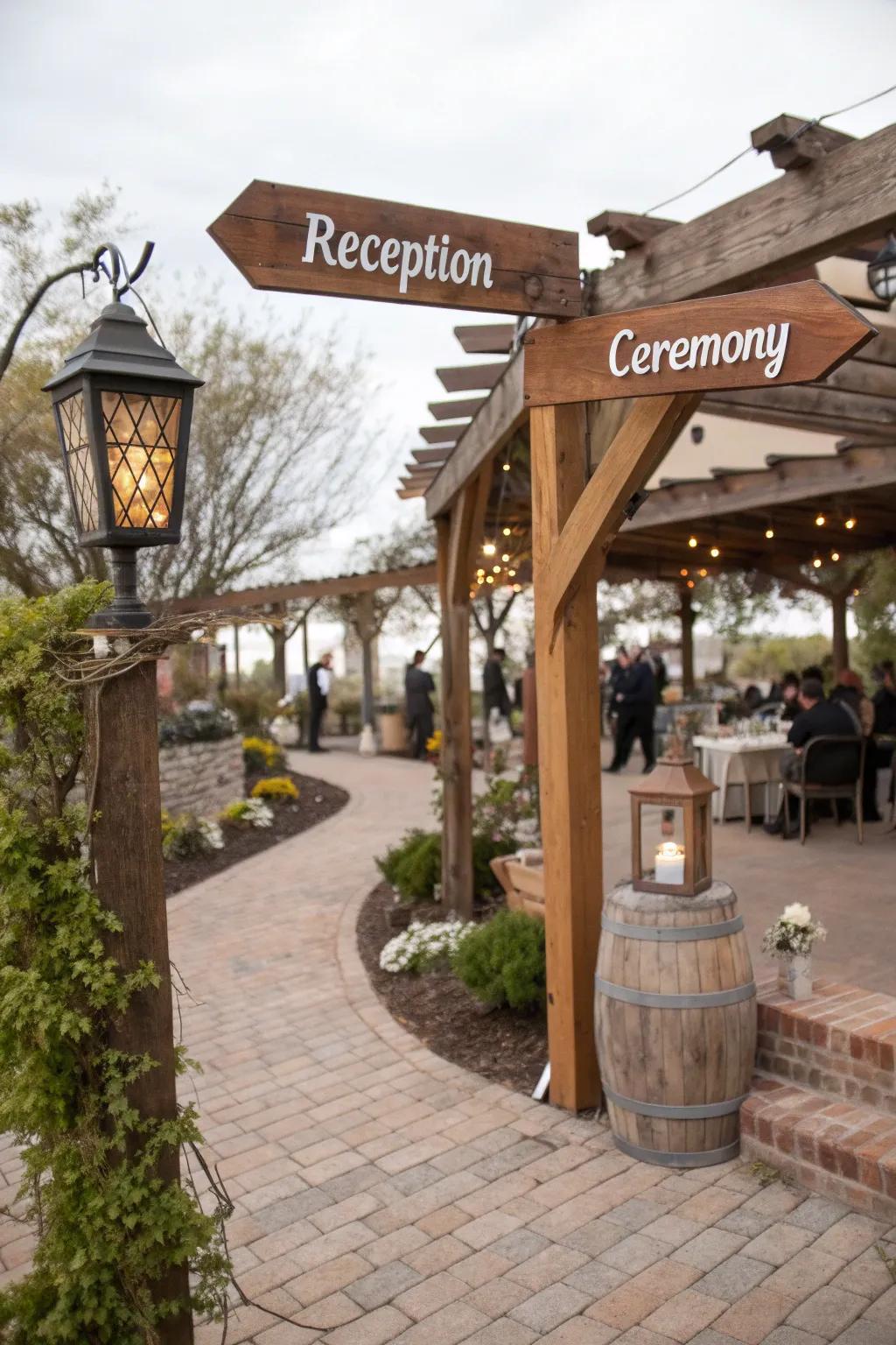 Custom timber signs displayed in a country-themed wedding location.