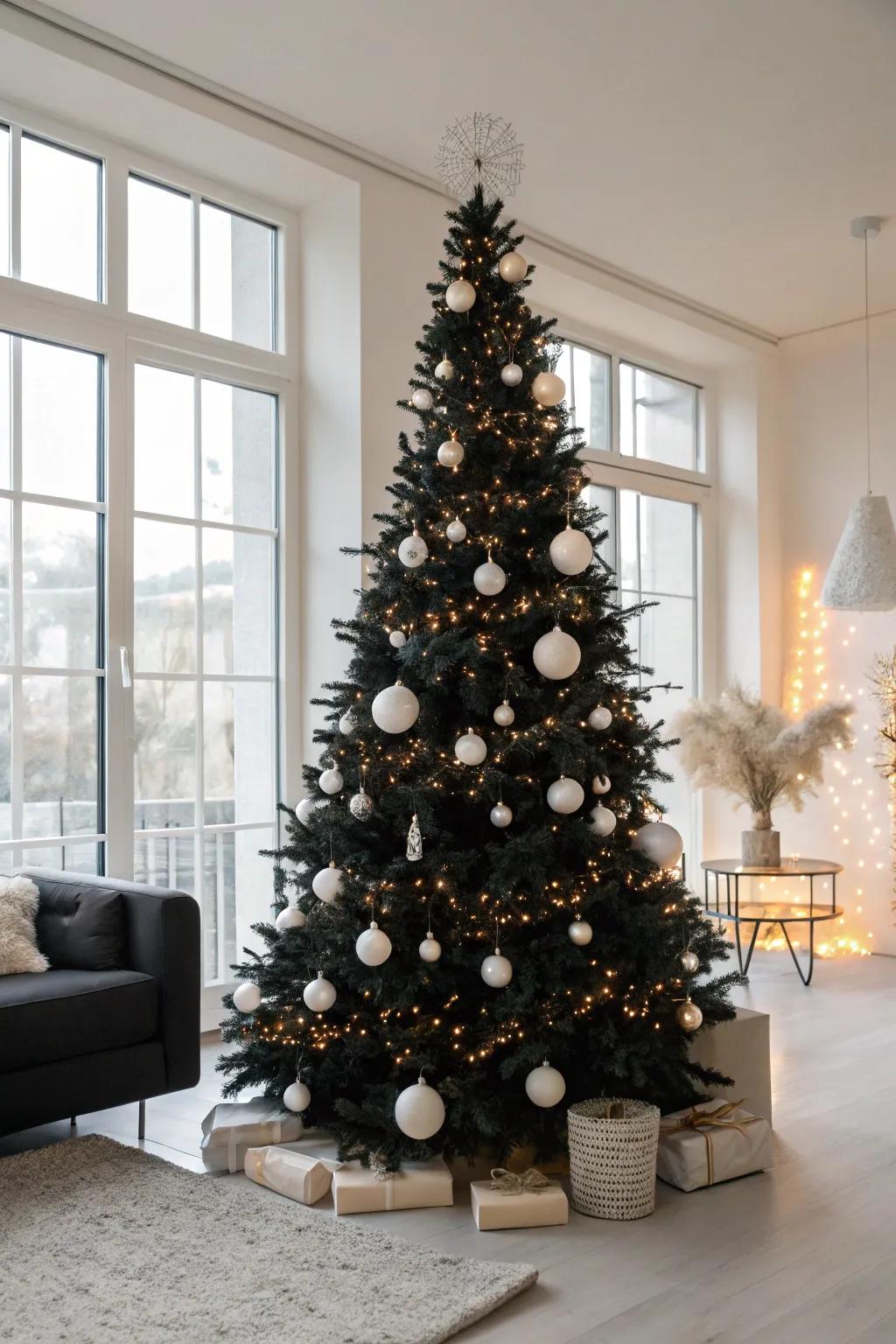 A polished black Christmas tree ornamented with ivory baubles.