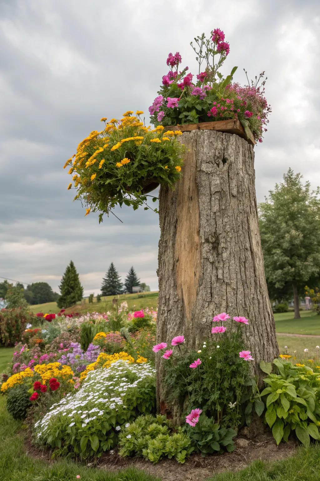 A tall tree stump planter brings bright colors to any garden.
