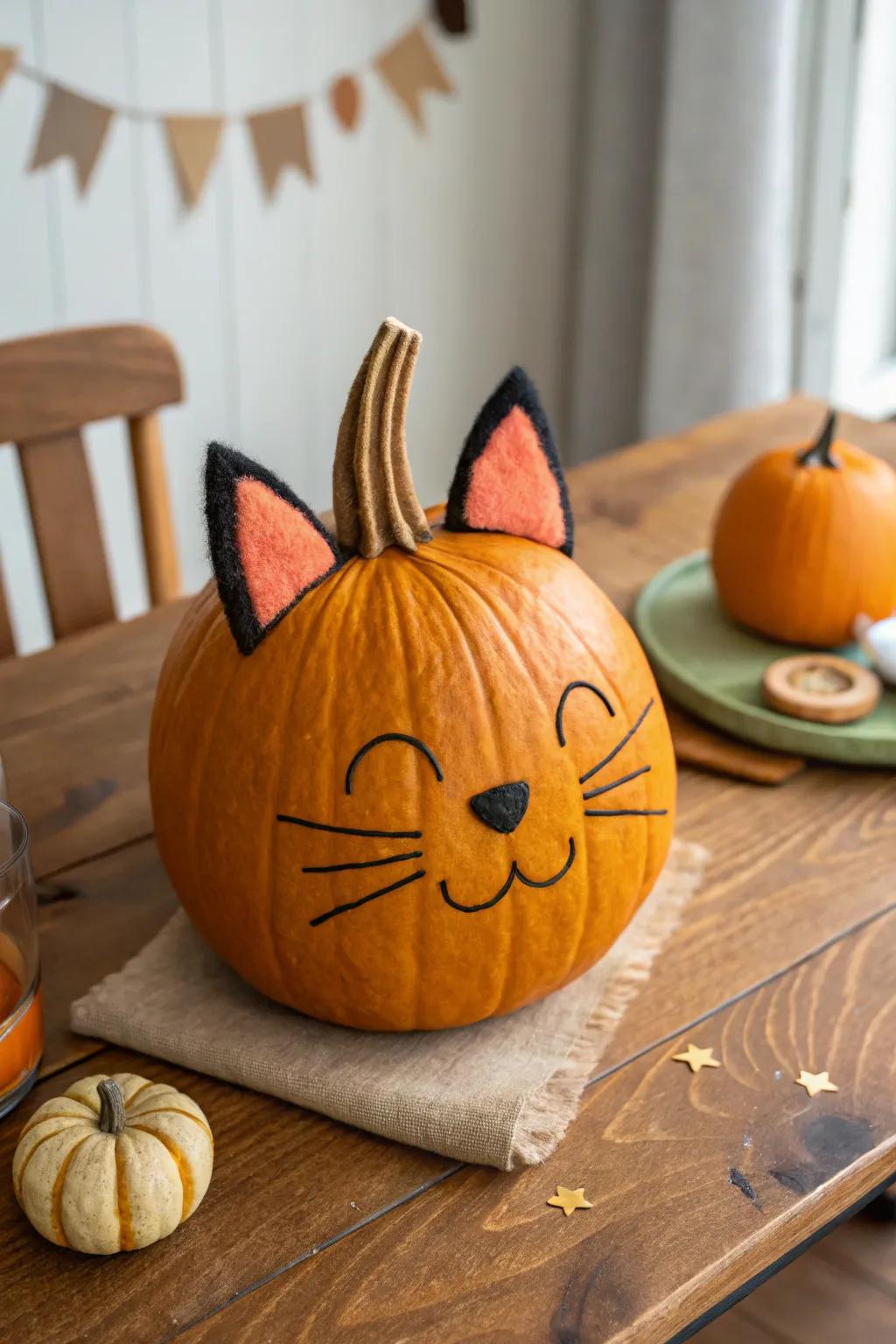 Morph your pumpkin into an adorable cat with just a touch of felt and paint.