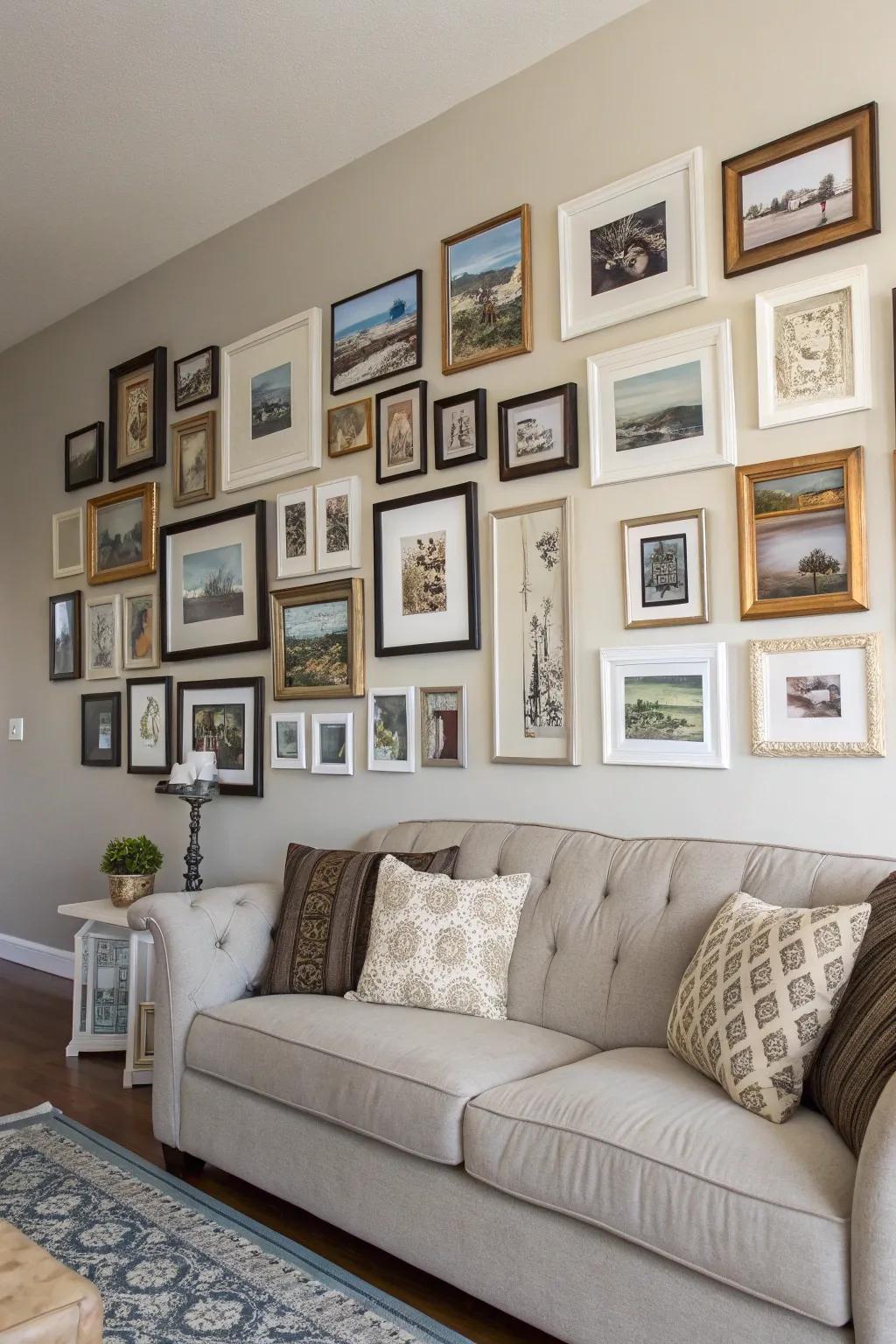 A gallery wall that features a creative mix of picture holders for a personalized decor statement.
