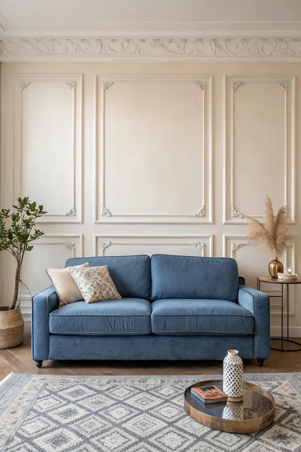 A horizon hue couch serves as the main attraction in a minimalist environment.