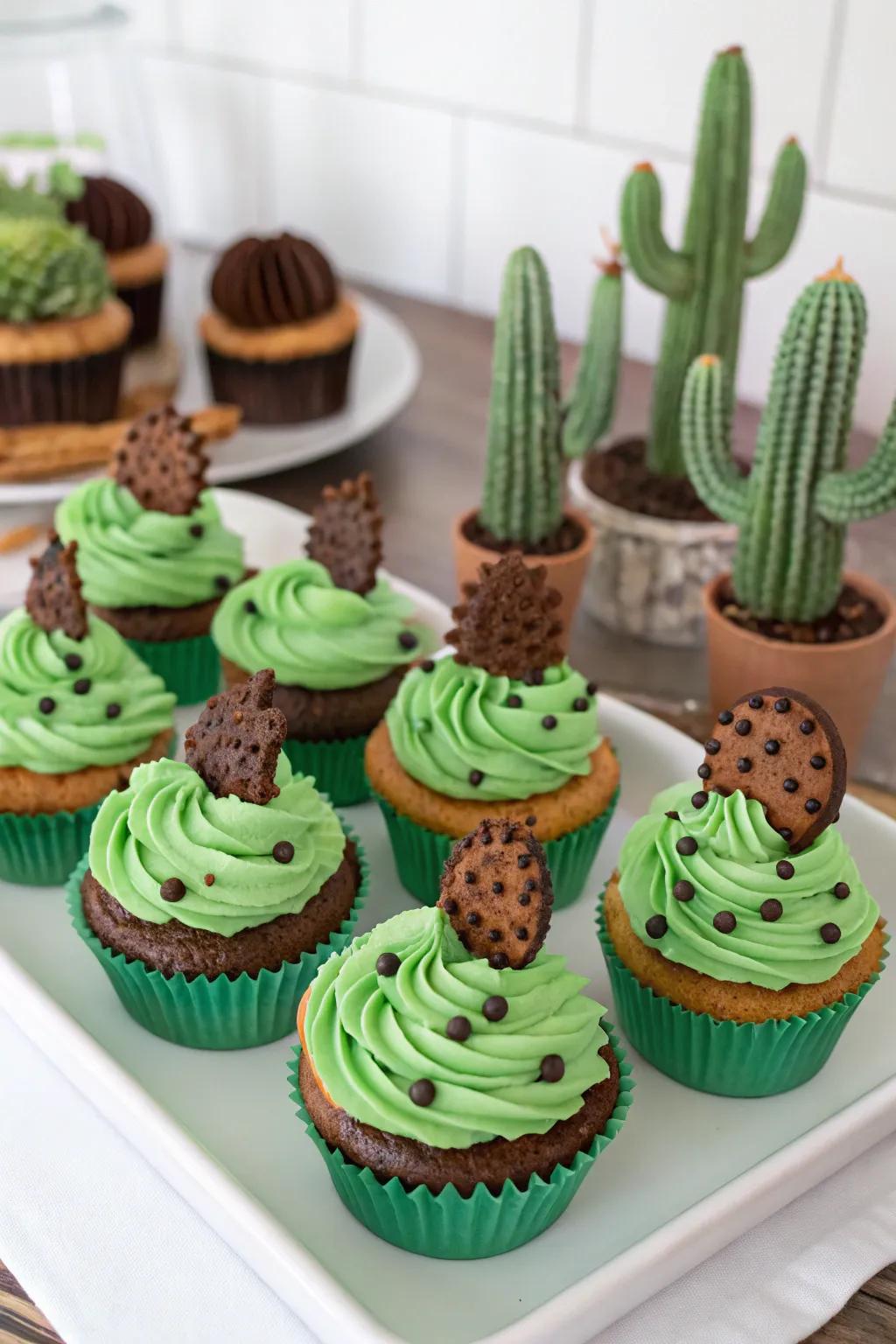 Cactus-themed cupcakes adorned with green frosting and chocolate chip spikes.