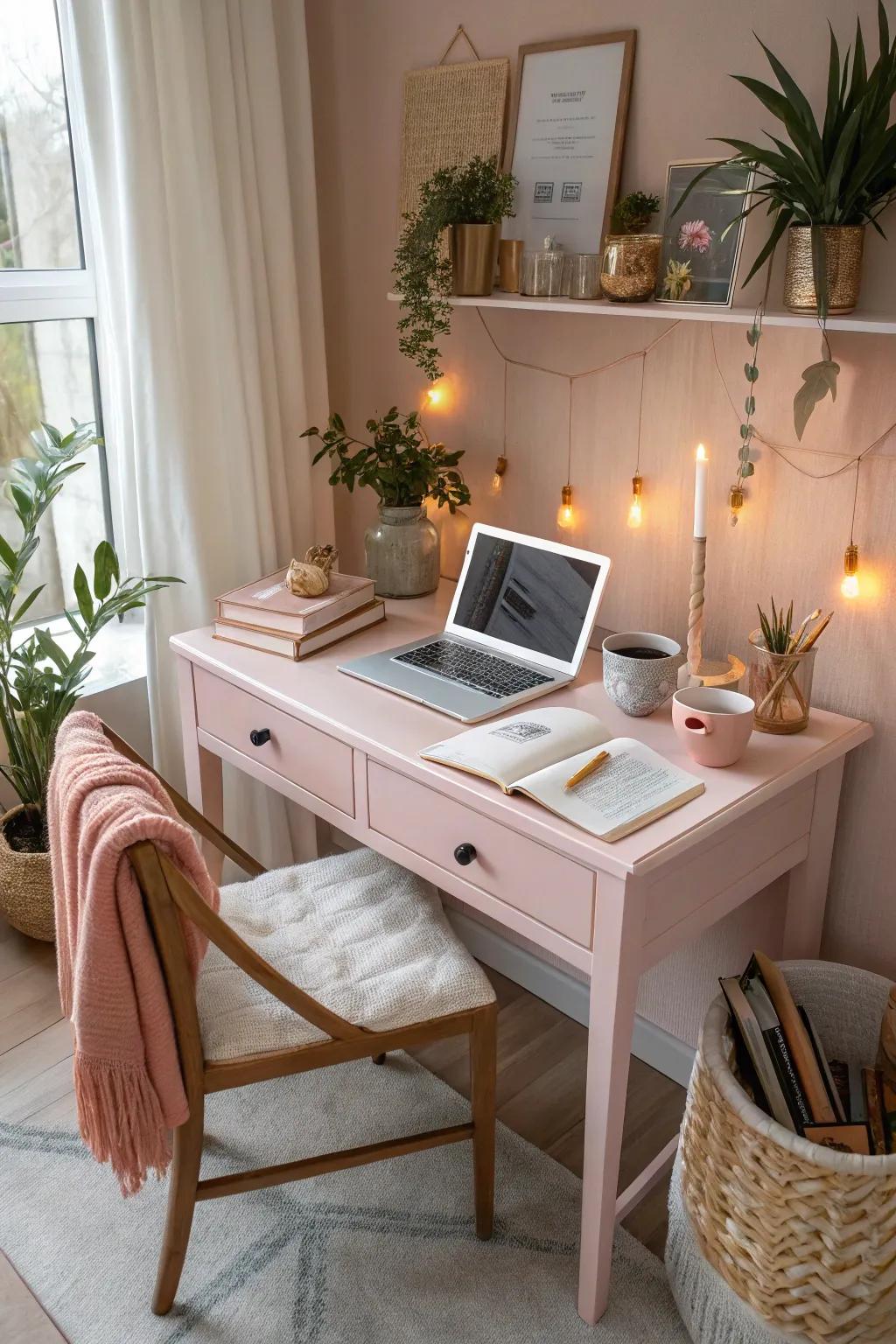 A delicate rose desk provides warmth and sophistication to any workspace.