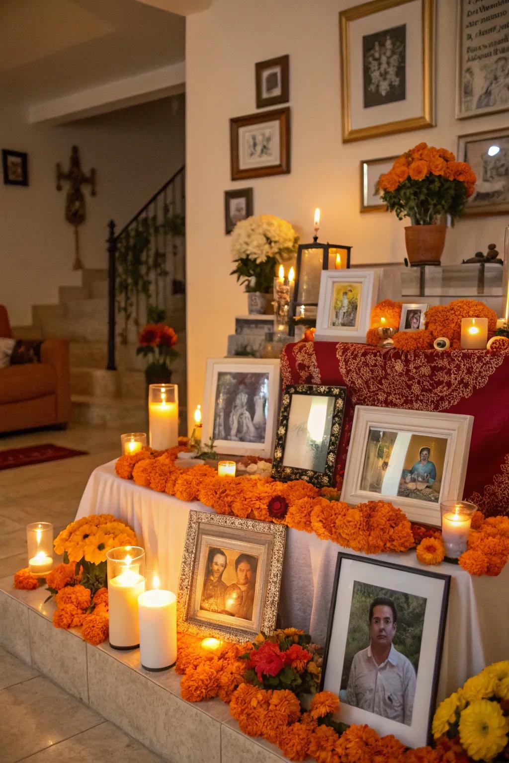 Displayed images of loved ones stand as the focal point of this Day of the Dead altar.