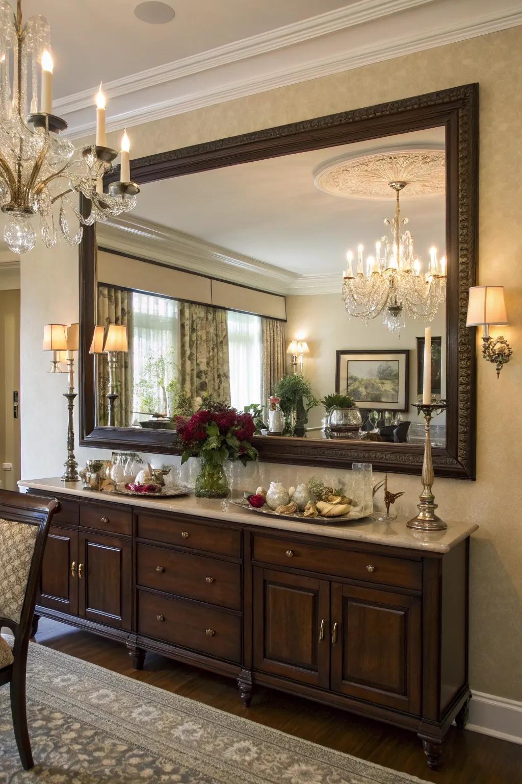 A large mirror infuses elegance and depth into this dining buffet arrangement.