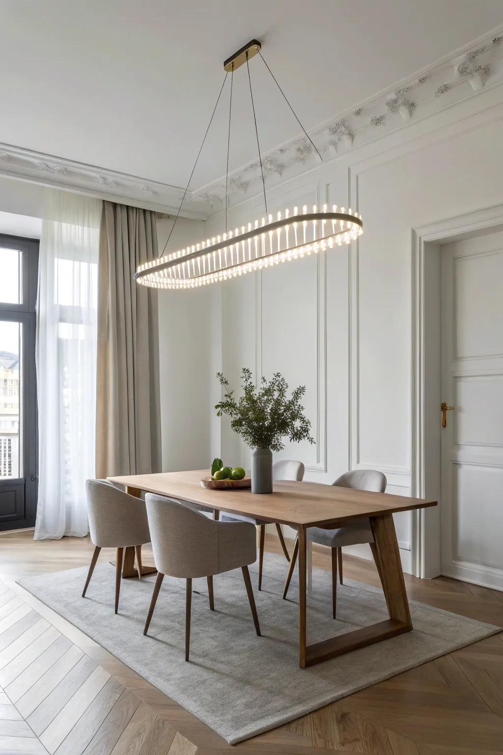 Contemporary simplicity radiates from a linear chandelier in a chic dining area.