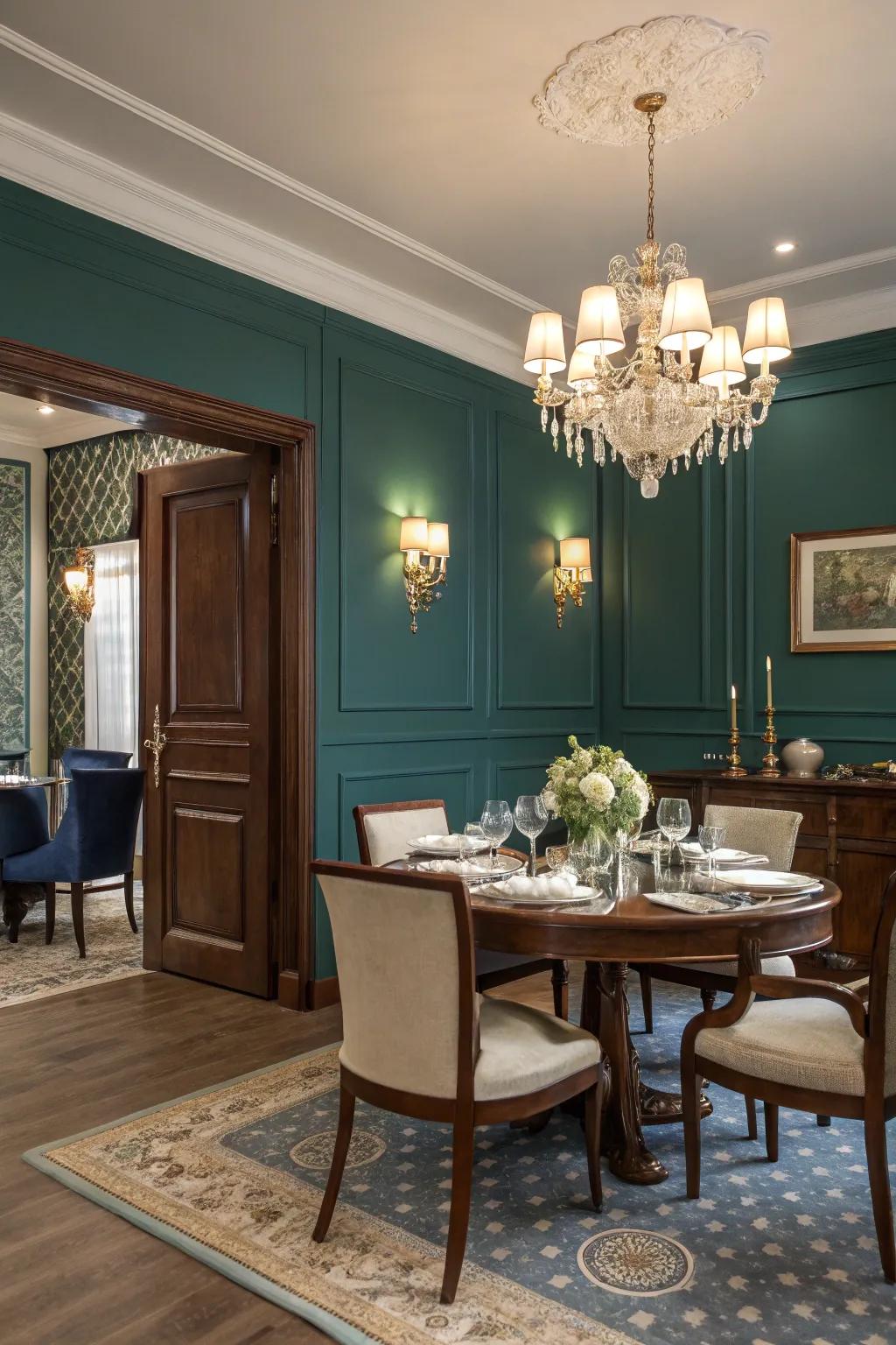 A dining area immersed in soothing blues and greens, cultivating a peaceful ambiance.