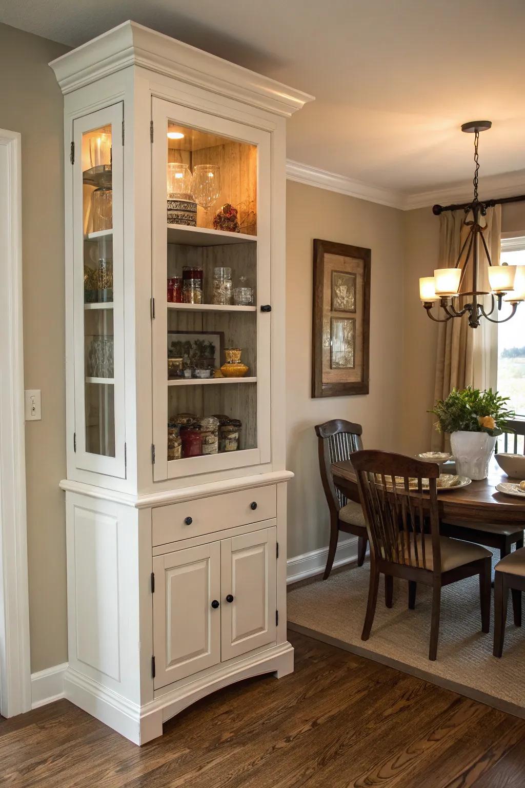 Make the most of vertical space using a towering corner cabinet.