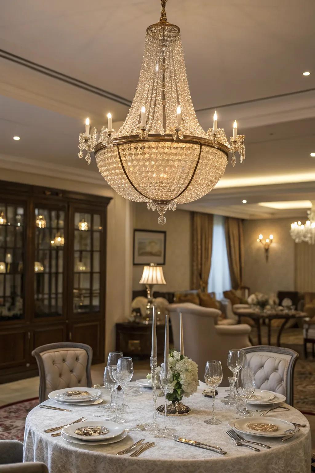 A grand overhead light enhances the elegance of the dining room.