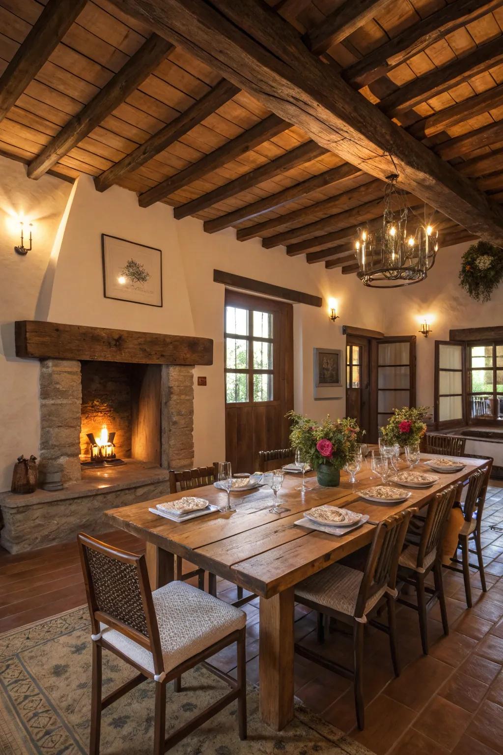Rustic charm shines through with a wooden table and mismatched chairs, creating an inviting ambiance.