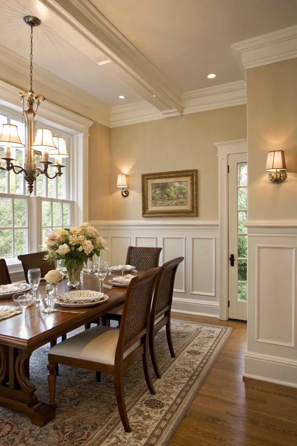 Traditional white wainscoting imparts a timeless sophistication to this dining area.