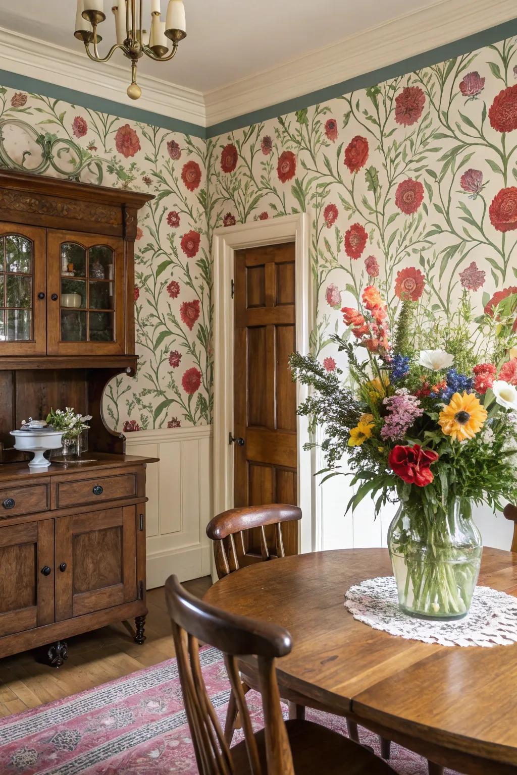 Wall coverings with floral patterns matched with classic furnishings produce an enduring dining atmosphere.