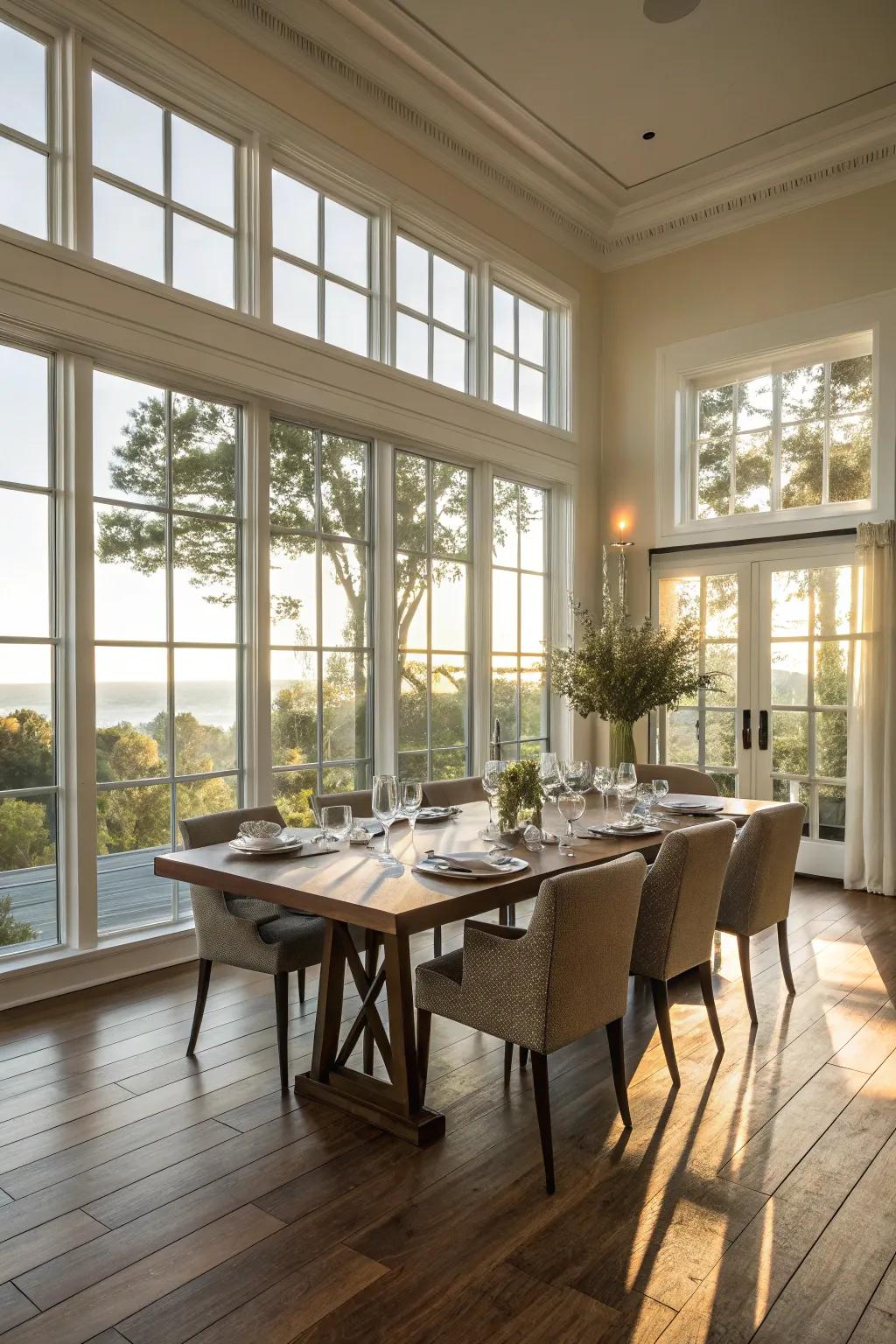 Generous windows welcome daylight, brightening your dining area.