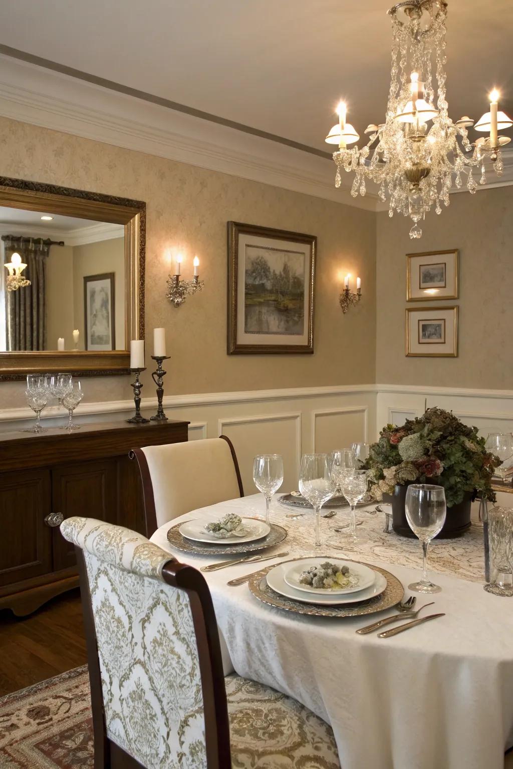 A refined dual-tone aesthetic within a dining space amplifies its overall sense of sophistication.